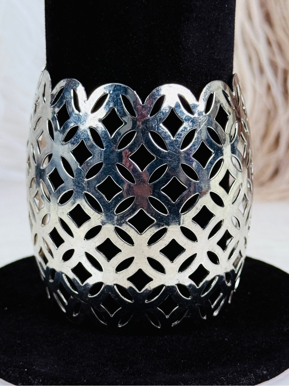Vintage Silvertone cutout decorative wide band cuff bracelet